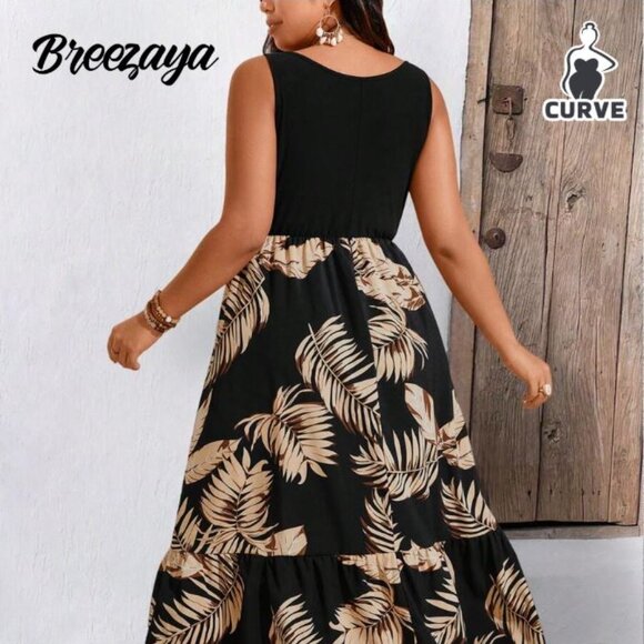 Women's Leaf Printed Sleeveless Boho Dress - Picture 2 of 4